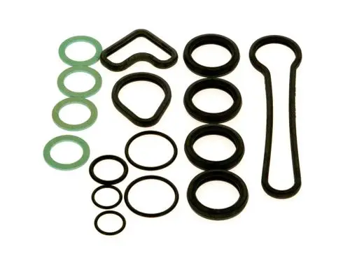 BOSCH Dichtungssatz mit verschiedenen Dichtungsringen aus schwarzem und grünem Material, angeordnet in verschiedenen Größen und Formen auf weißem Hintergrund.
